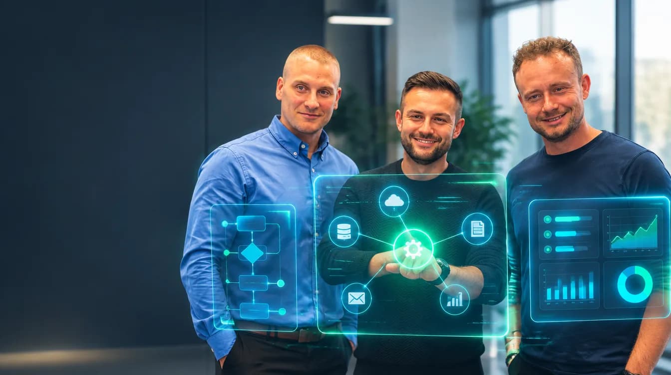 Tomasz, Jakub i Łukasz z Olbio przy hologramie schematu automatyzacji